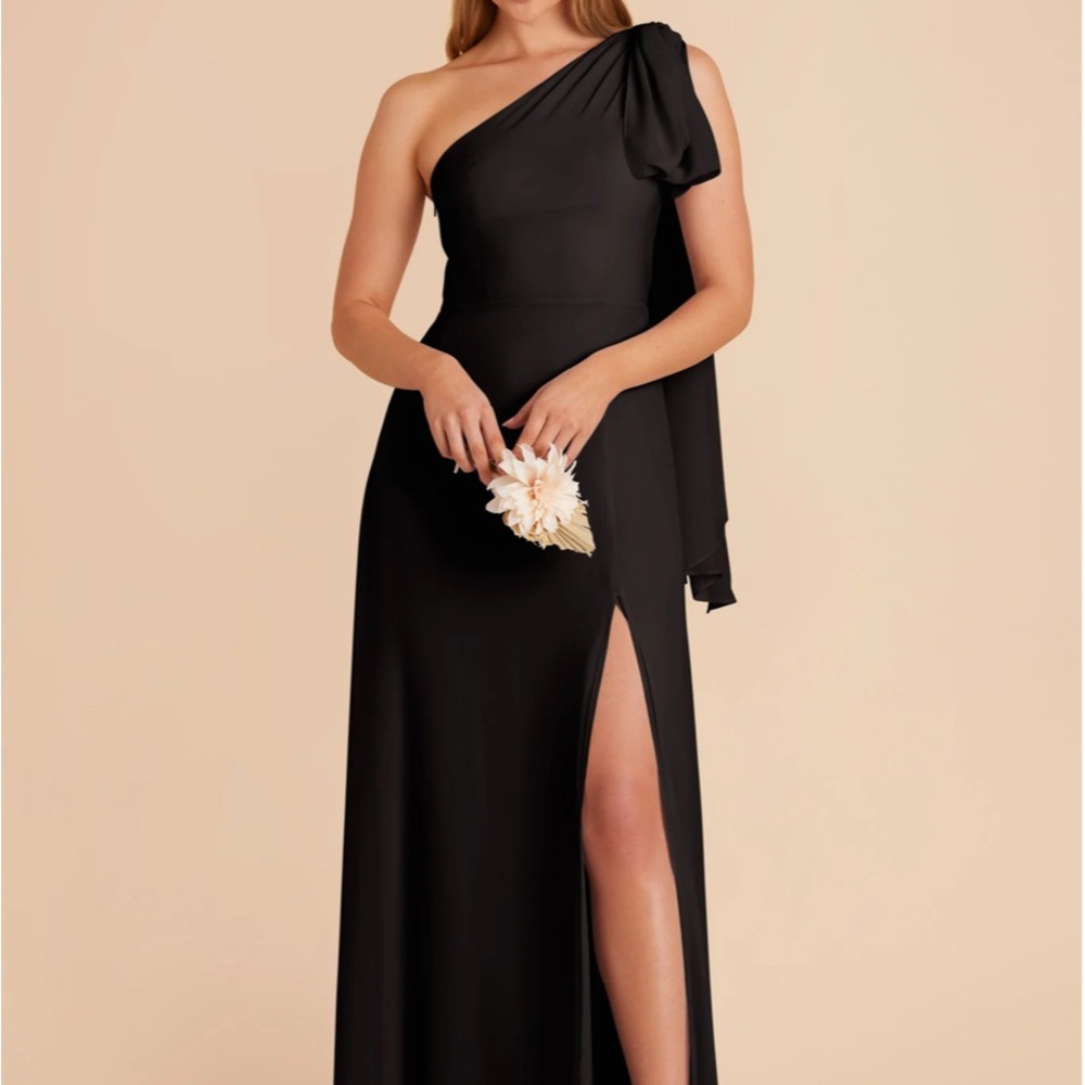 NWT Birdy Grey Chiffon One-Shoulder Gown with Draped Shoulder and Thigh Slit